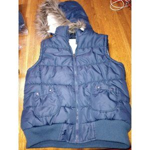 Vanity vest navy blue large women's removable faux fur hoodie puffer